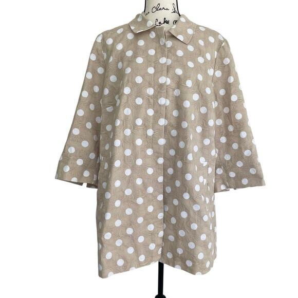 CHICO’S POLKA DOT JACKET TAN/WHITE PLEAT BACK 3/4 SLEEVES 
SZ 16 SOPHISTICATED - Picture 16 of 16